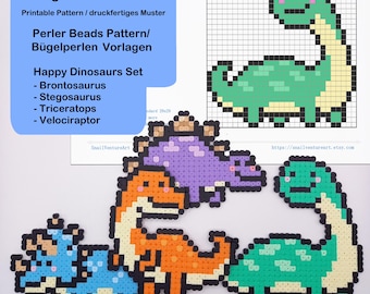 Könnte beinhalten: Eine Sammlung farbenfroher Perlenmuster von Dinosauriern, darunter ein Brontosaurus, Stegosaurus, Triceratops und Velociraptor. Das Bild enthält auch einen Hinweis auf den digitalen Download und den Text "Happy Dinosaurs Set".