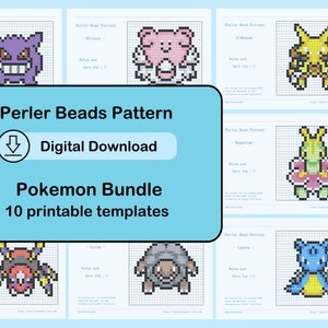 Könnte beinhalten: Ein digitaler Download von 10 druckbaren Perlenmustern von Perler, die Pokémon-Charaktere zeigen. Die Muster umfassen Blissey, Alakazam, Meganium, Golem, Lapras und mehr.