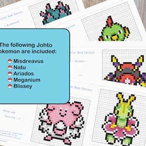 K&ouml;nnte beinhalten: Eine Sammlung von B&uuml;gelperlenmustern auf kariertem Papier mit Pixel-Art-Designs von Misdreavus, Natu, Ariados, Meganium und Blissey. Ein blaues Textfeld listet die enthaltenen Johto-Pokemon auf und enth&auml;lt einen Hinweis zum Entspannen.