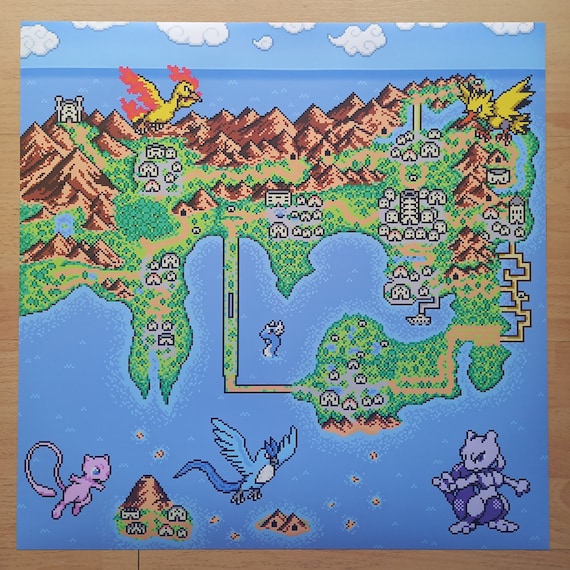 Poster Pokemon Kanto Map Print Pixel Art Wall Art Decoration Mew