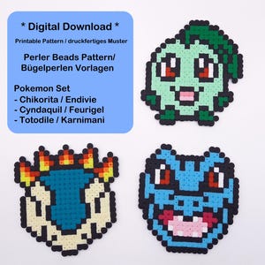 Könnte beinhalten: Digitaler Download eines druckbaren Musters für Perlen-Bastelarbeiten mit drei Pokémon-Charakteren: Chikorita, Cyndaquil und Totodile. Die Charaktere sind in ihrer pixelartigen Form dargestellt, mit leuchtenden Farben und detaillierten Merkmalen.