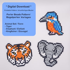Perler Bead Pattern, Printable, Iron-on Bead Templates, digital file, Animals, Tiger, Elephant, Kingfisher, Zoo