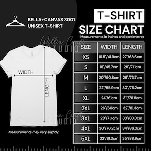 Size Chart Bella Canvas 3001 Mock Up T-Shirt | Unisex Adult Mockup Sizing metric and Imperial Bella Canvas 3001 Tee Black background