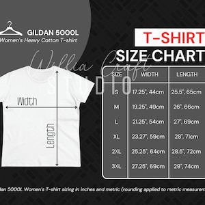 Tabla de tallas Gildan 5000L Mock Up Camiseta Damas Gildan Tamaños Maqueta Tamaño pulgadas métricas Plantilla de camiseta fondo negro