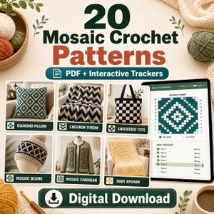 Puede incluir: Imagen que muestra "20 Patrones de Crochet Mosaico" con ejemplos de proyectos terminados: una almohada de diamantes, un lanzamiento de chevron, un bolso a cuadros, un gorro de mosaico, una rebeca y una manta para bebé. Incluye una tableta digital.