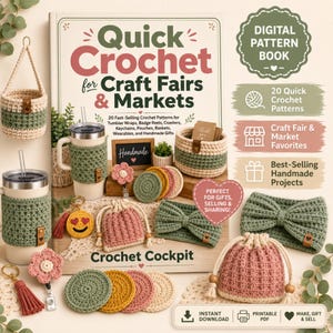 Puede incluir: Un libro de patrones digitales titulado Quick Crochet for Craft Fairs & Markets que presenta 20 proyectos de ganchillo que incluyen cestas colgantes, fundas para vasos, posavasos, bolsas, diademas y llaveros en verde salvia, rosa y amarillo.