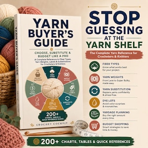 Puede incluir: Un libro titulado Yarn Buyer's Guide con un diagrama circular que muestra tipos de fibras, pesos y etiquetas. La portada incluye el texto Stop Guessing at the Yarn Shelf y 200+ Charts, Tables & Quick Reference Guides. Una cinta métrica y un ganchillo se encuentran delante.