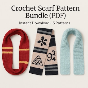 May include: A bundle of crochet scarf patterns. The image shows three finished scarves: a red and gold striped infinity scarf, a beige and black scarf with symbols, and a light blue scarf. Text at the top reads "Crochet Scarf Pattern Bundle (PDF)".