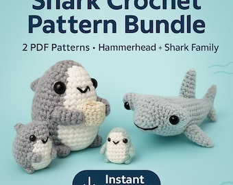 May include: A collection of crocheted shark toys, including a hammerhead and a shark family, with the text "Shark Crochet Pattern Bundle." The toys are gray and white, with black eyes, and are displayed on a light blue background. The image also includes an "Instant Download" button.