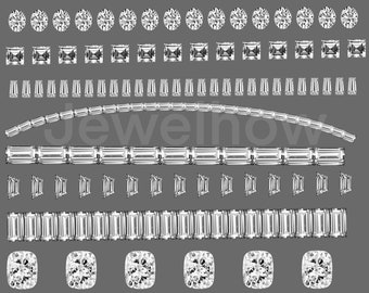 May include: A variety of diamond shapes, including round, princess, emerald, and cushion cut, are displayed in rows on a gray background. The image is labeled "Jewelnow".