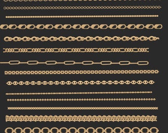 May include: A set of 16 different gold chain designs, including rope, curb, box, and cable chains. These chains are perfect for jewelry making or crafting.