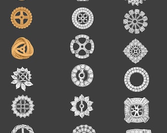 May include: An assortment of halo brushes in gold and silver tones, each with a unique design. The image features various shapes, including circular, square, and floral patterns, all set against a dark gray background. The text "HALO BRUSHES" is at the top.