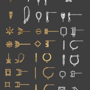 May include: A selection of gold and silver jewellery findings, such as earring posts, hoops, and settings. The image features the word "Findings" in white text at the top, set against a dark grey background.