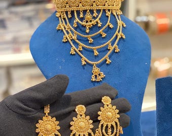 Punjabi Jadau Choker Necklace Set: Gold Indian Wedding Jewelry, Ranihaar Tikka