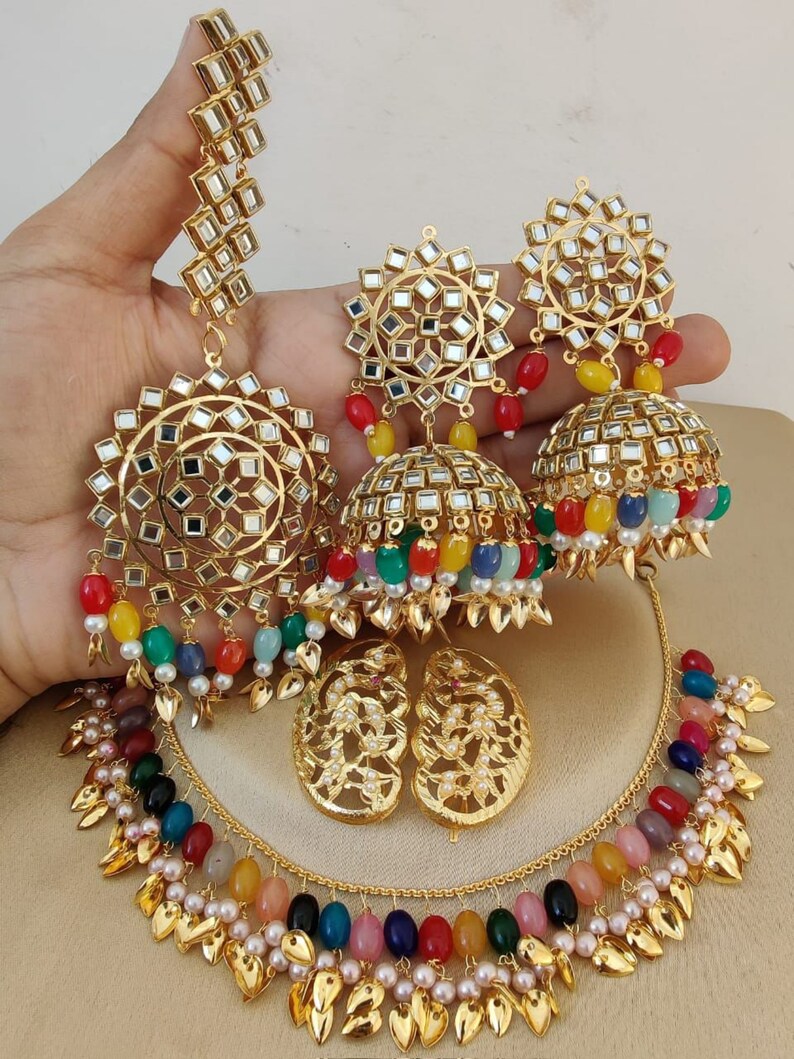 Indian Handmade Jadau Punjabi Jewellery Set Sangeet Jewellery Punjabi