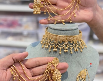 Punjabi Choker Necklace Set: Gold Jadau Indian Wedding Jewelry / Gold Choker Set / Antqiue Gold Necklace Set /
