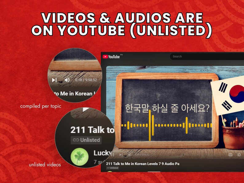 May include: A screenshot of a YouTube page showing an unlisted video titled "211 Talk to Me in Korean Levels 7 9 Audio Pa". The video thumbnail shows a chalkboard with the text "한국말 하실 줄 아세요?" which translates to "Do you speak Korean?" in English. The video is part of a series of unlisted videos on the channel, compiled per topic.