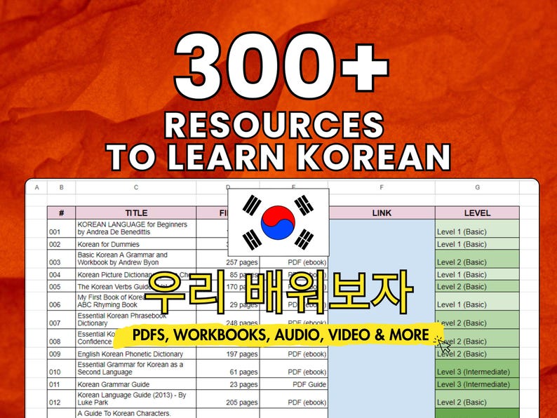 May include: A spreadsheet with a list of over 300 resources to learn Korean. The spreadsheet includes the title, file type, number of pages, and level of difficulty for each resource. The spreadsheet also includes a link to each resource. The spreadsheet is titled "300+ Resources to Learn Korean".