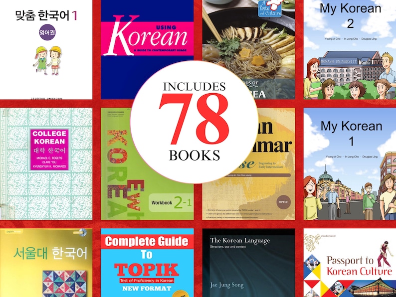 May include: A collage of book covers featuring Korean language learning materials. The covers feature various colors, illustrations, and text in Korean and English. The text "INCLUDES 78 BOOKS" is prominently displayed in red.