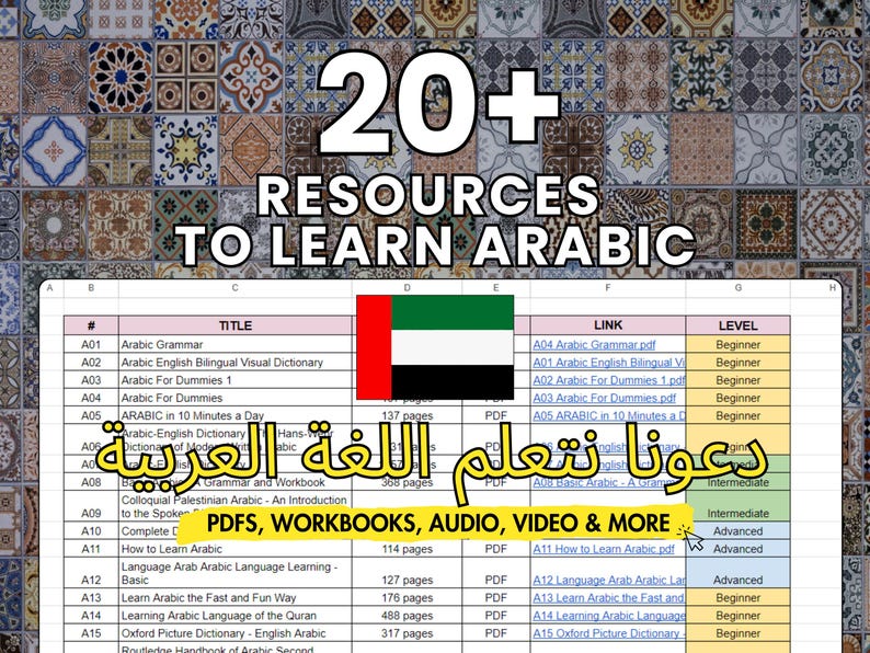 May include: Image promoting Arabic language learning resources. The image features a spreadsheet with titles like "Arabic Grammar" and "Arabic For Dummies." The text "20+ RESOURCES TO LEARN ARABIC" is prominently displayed. The UAE flag is also visible.