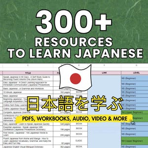 Op de afbeelding: Een spreadsheet met een lijst van meer dan 300 bronnen om Japans te leren. De spreadsheet bevat de titel, het bestandstype, de link en het niveau van elke bron. De titel "日本語を学ぶ" is geschreven in Japanse karakters en betekent "Leer Japans".