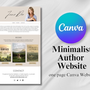 Könnte beinhalten: Eine minimalistische Autoren-Website-Vorlage, die mit Canva erstellt wurde. Die Website zeigt ein professionelles Porträt der Autorin Jane Doe sowie eine Liste ihrer Bücher: "Beneath the Surface", "Whispers" und "The Silent Observer". Die Website enthält auch Kontaktinformationen für die Autorin.
