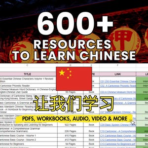 Pode incluir: Imagem que promove o aprendizado da língua chinesa com o texto "600+ RECURSOS PARA APRENDER CHINÊS". Inclui uma planilha com materiais de aprendizado, a bandeira chinesa e as palavras "PDFs, cadernos de exercícios, áudio, vídeo e mais".