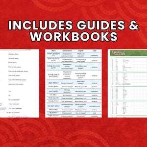 May include: Three pages of a Korean language workbook. The first page shows Korean words and their English translations. The second page shows Korean words, their romanization, English translations, and the grammatical class of the word. The third page is a blank grid with the words "Practice" and "The Korean Word Spiral" at the top.