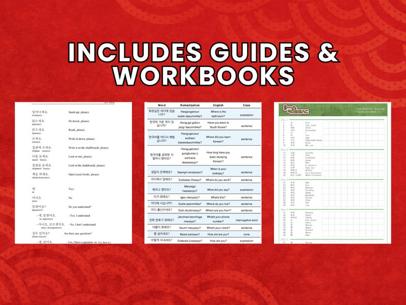 May include: Three pages of a Korean language workbook. The first page shows Korean words and their English translations. The second page shows Korean words, their romanization, English translations, and the grammatical class of the word. The third page is a blank grid with the words "Practice" and "The Korean Word Spiral" at the top.