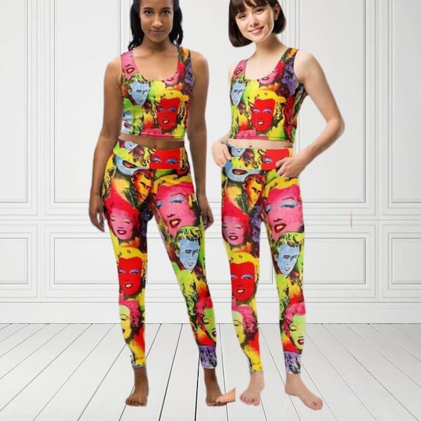 Marylin Monroe In Andy W. Style Pop Art Dupe Tenue De Célébrité Leggings Taille Haute + Débardeur Sans Manches Crop Top Style Été Tropical