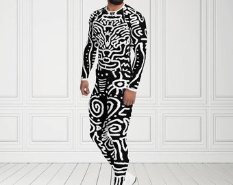 Herren Set, Keith H. Pop Art Afrikanische Körperbemalung Kunst Berühmter Künstler LGBTQ Queer Party Leggings + Rash-Guard Tribal Ethnic Style Pattern