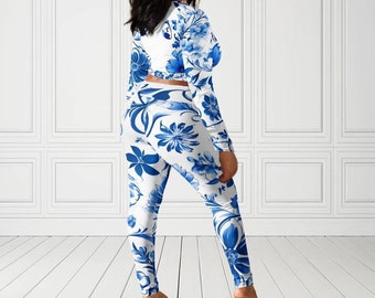 Damesset, Delfts blauwe stijl neo traditionele crop top en hoge taille legging neo traditionele Nederlandse culturele kunst porseleinen theepotstijl