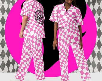 Barbi-Curious Unisex Set Queer/Bisexual Inspired Unisex Button Shirt + Wide Leg Pants Pride Festival Outfit Deformed/Wavy Checkerboard