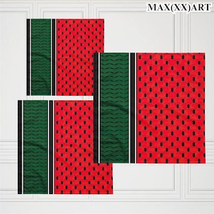 Può includere: Due asciugamani da cucina a motivi rosso e nero con bordi verdi e neri. Gli asciugamani sono di dimensioni diverse. L'asciugamano più grande ha il testo "MAX(XX)ART" stampato su di esso.