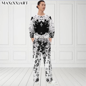 Unisex Rorschach-test-outfit, rolig och grafisk psykologi-/psykologpresent svartvit tröja + vida byxor med bläckstänkeffekt