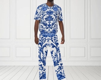 Conjunto de hombres personalizados Delft's Blue Neo tradicional holandés blanco azul chino porcelana moda camiseta y pantalones anchos diversión audaz moda Amsterdam