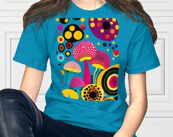 ユニセックス YK 水玉模様のキノコデザインにインスパイアされたコットンTシャツ 3色 カラフルな抽象アート グラフィックアート