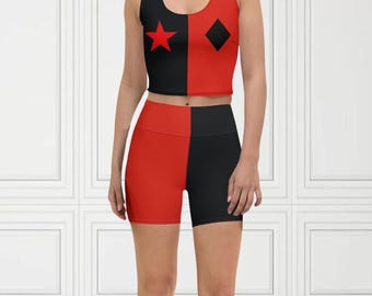 Klassische Jester Frauen Kostüm Trennt Crop top + Shorts mit hoher Taille Schwarz & Rot Split Color Design