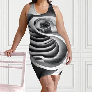 Eshr-Inspired Fitted Dress, Halloween, 3D Sphere Staircase Racerback Bodycon Dress - Spiral Illusion Design, Trippy Illusive Effect