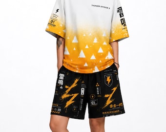 Cotton Unisex Demon Inspired Thunder Streetwear Set Oversized Shirt + Shorts