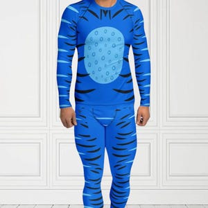 Men's Derpy Cat 2 Piece Set Rash Guard + Leggings Monster Hunting Cosplay Cute Halloween Set Blue Tiger Stripes Adult Cosplay Full Outfit
