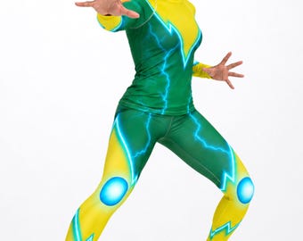 Women's Adult Electro Seperates Rash Guard + Leggings Villain Cosplay Halloween Set Hero Costume -SOLD SEPARATELY-
