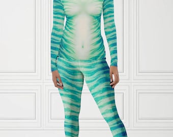 Blue Green Water Navi Womens Outfit Size Inclusive Separates Rash Guard Long Sleeve + High Waist Leggings  Water Way Adult Cosplay Costume