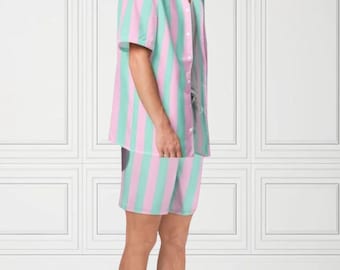 Size Inclusive Custom Barb Kendy Beach Outfit, Mint Green & Pastel Pink Striped 2 Piece -Set, Personalization Logo, Iconic Fun Cosplay