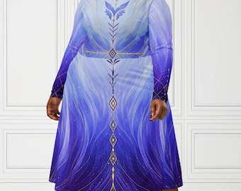 Krystal Fox Furry Inspired Blue Dress With Gold Details Long Sleeve Midi Dress