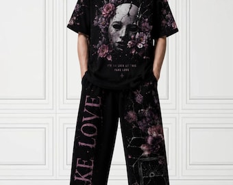 Cotton Unisex Fake Love Kpop Music Tour Outfit Idols Reunion Oversized T-shirt & Wide Leg Pants