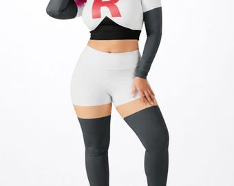 May include: A long-sleeve white crop top featuring a black midsection and a large red letter R on the chest, paired with white shorts and dark gray thigh-high leggings. The top has dark gray sleeves. The text MAX(XX)ART appears in the top corner.