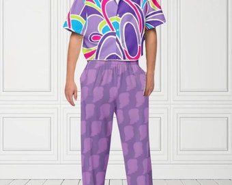 Barb & Kendy Total Hairy Retro Inspired Unisex 2-Piece Set, Purple Ken Version, Collared Button Shirt + Wide Leg Pants, Relaxed Fit
