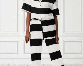 Unisex-Gefängnis Schwarz Weiß Breit Gestreift Inspiriert Trennt Relaxed Fit Button Shirt & Hose mit weitem Bein Größe inclusive