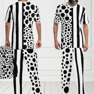Conjunto unisex de camiseta y pantalón ancho YK Polka Art para hombre, inspirado en lunares y rayas, en blanco y negro, ideal para ropa de calle, relax y fiesta.